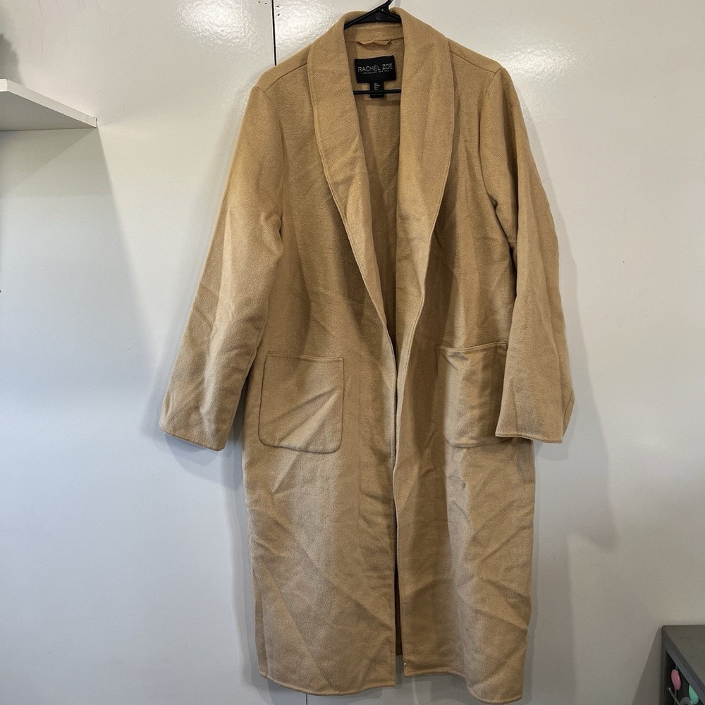 Rachel Zoe Coat Womens Camel Long Duster Shawl Collar Pockets Open Cardigan L